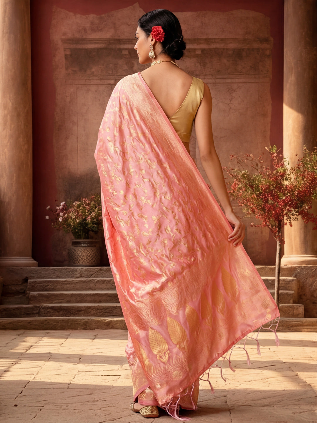 Blushing Beauty: Weaving Work Banarasi Silk Saree