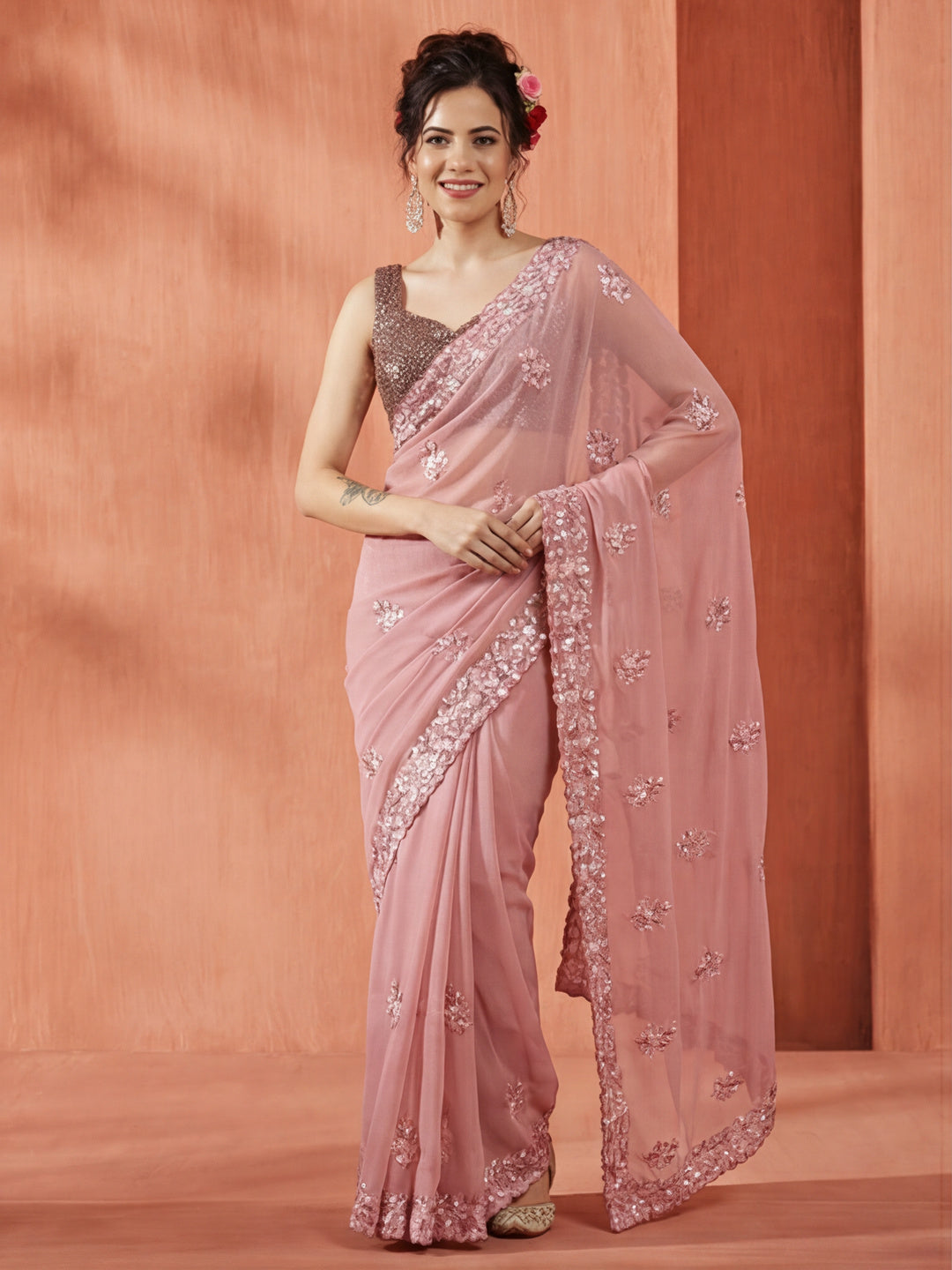 Pure Georgette Sequin Embroidered Saree