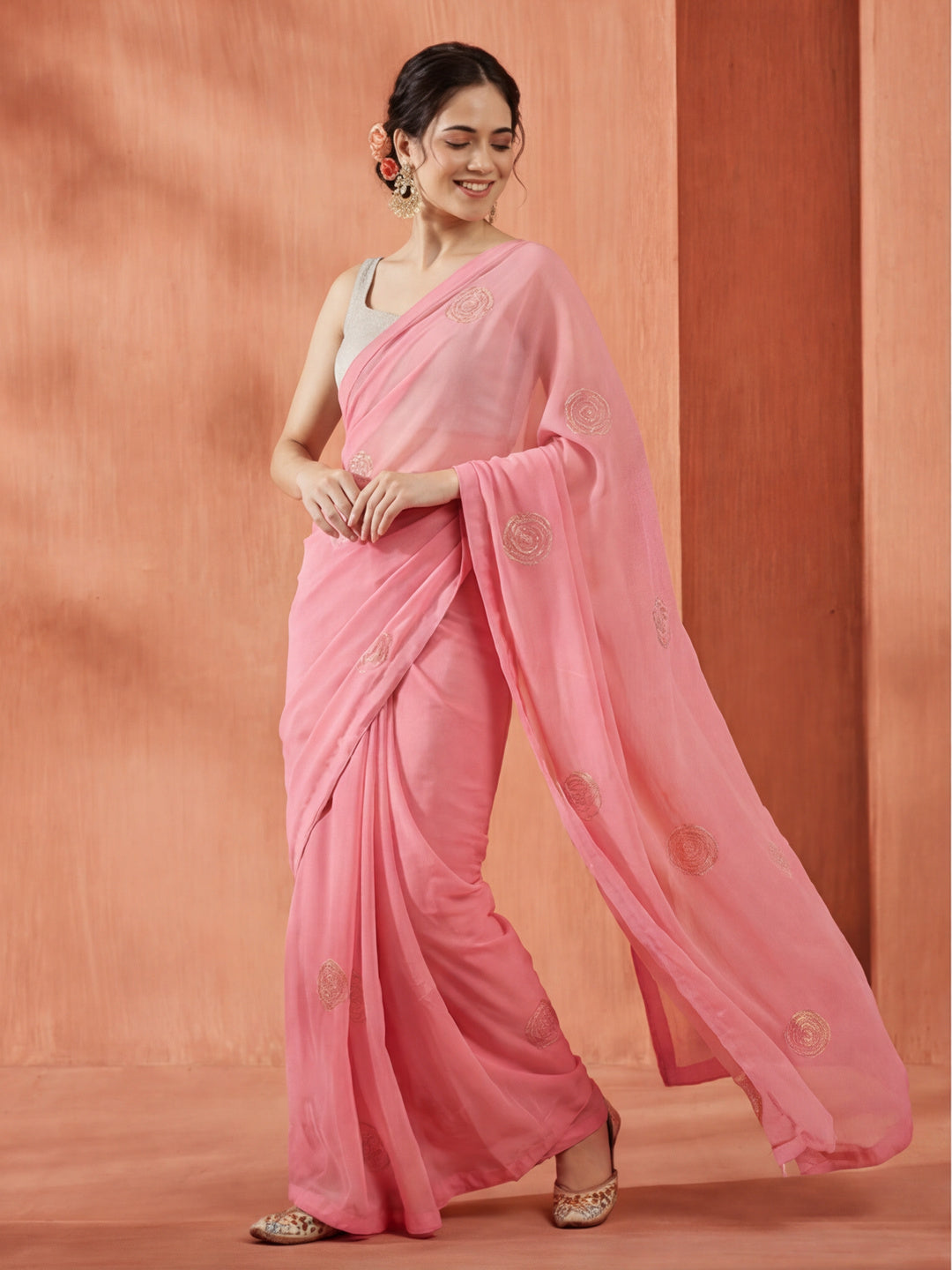 Sequin Embroidered Pure Georgette Pink Saree