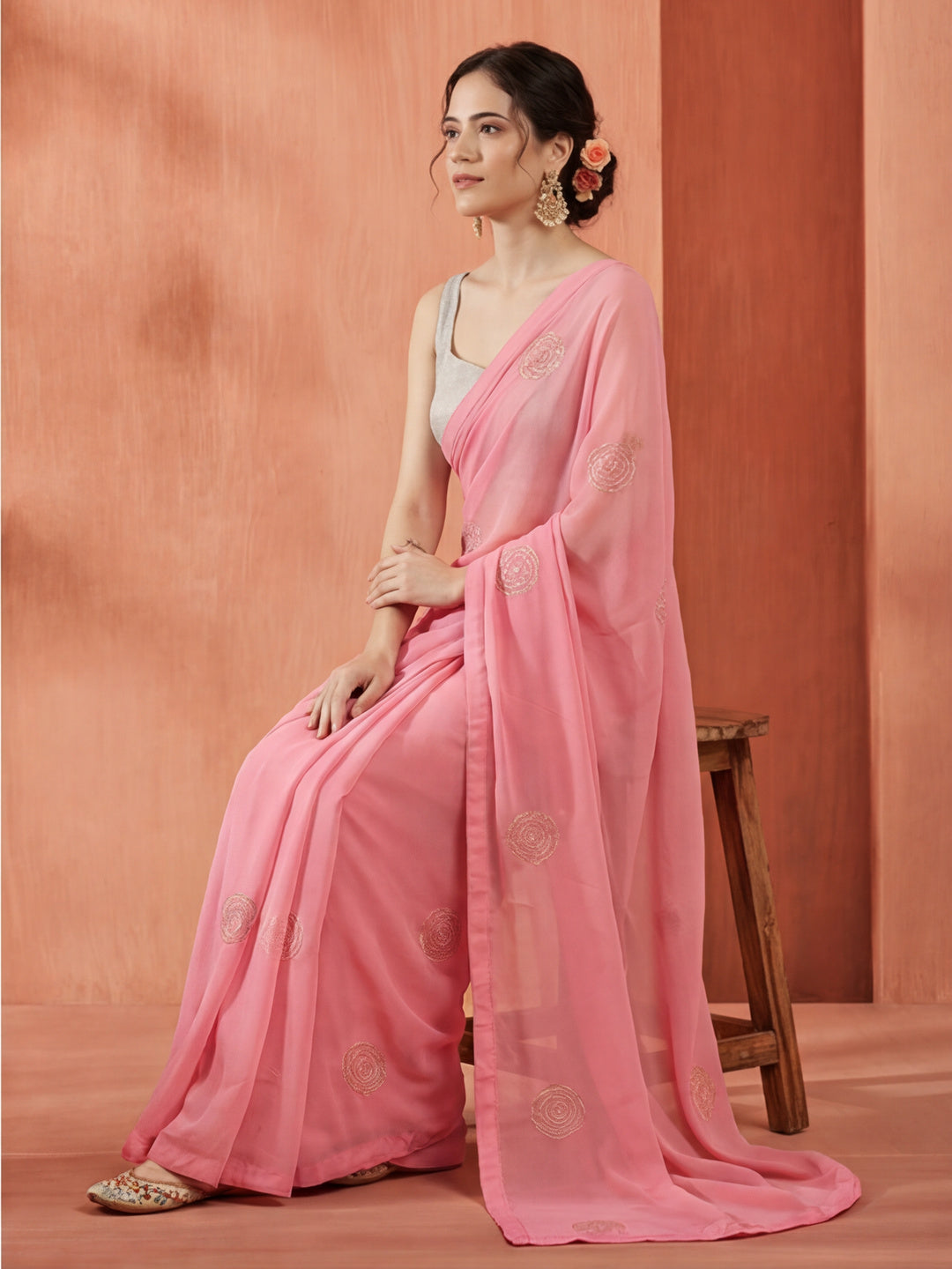 Sequin Embroidered Pure Georgette Pink Saree