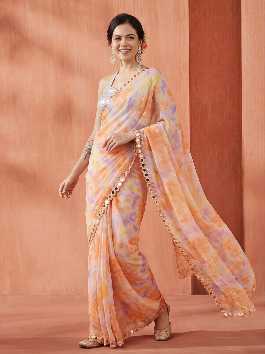 Tie-Dye Mirror Work Pure Georgette Saree