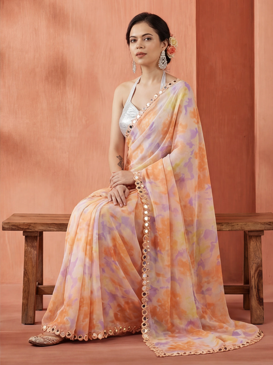 Tie-Dye Mirror Work Pure Georgette Saree