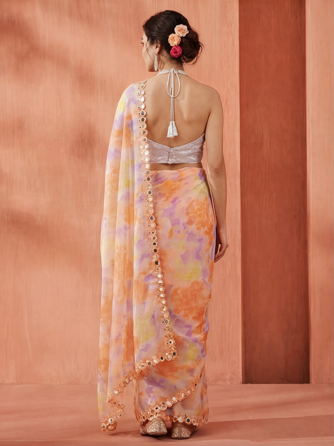 Tie-Dye Mirror Work Pure Georgette Saree