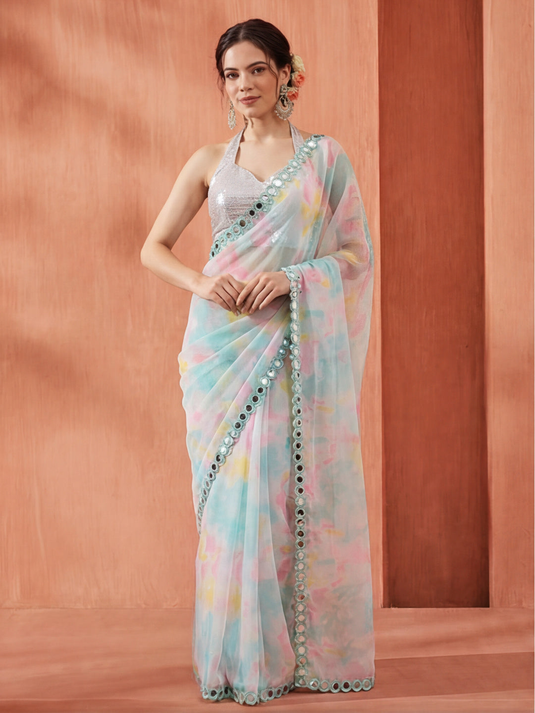 Tie-Dye Mirror Work Pure Georgette Saree