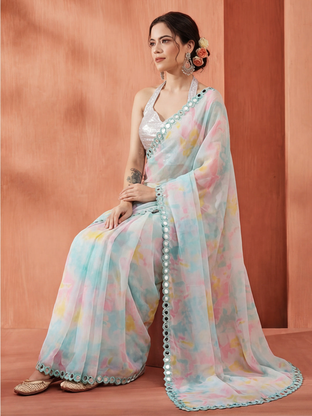 Tie-Dye Mirror Work Pure Georgette Saree