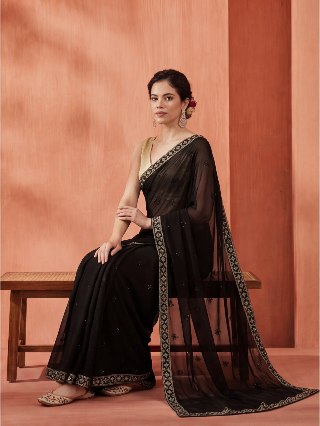 Party Wear Sequin Work Black Georgette Saree