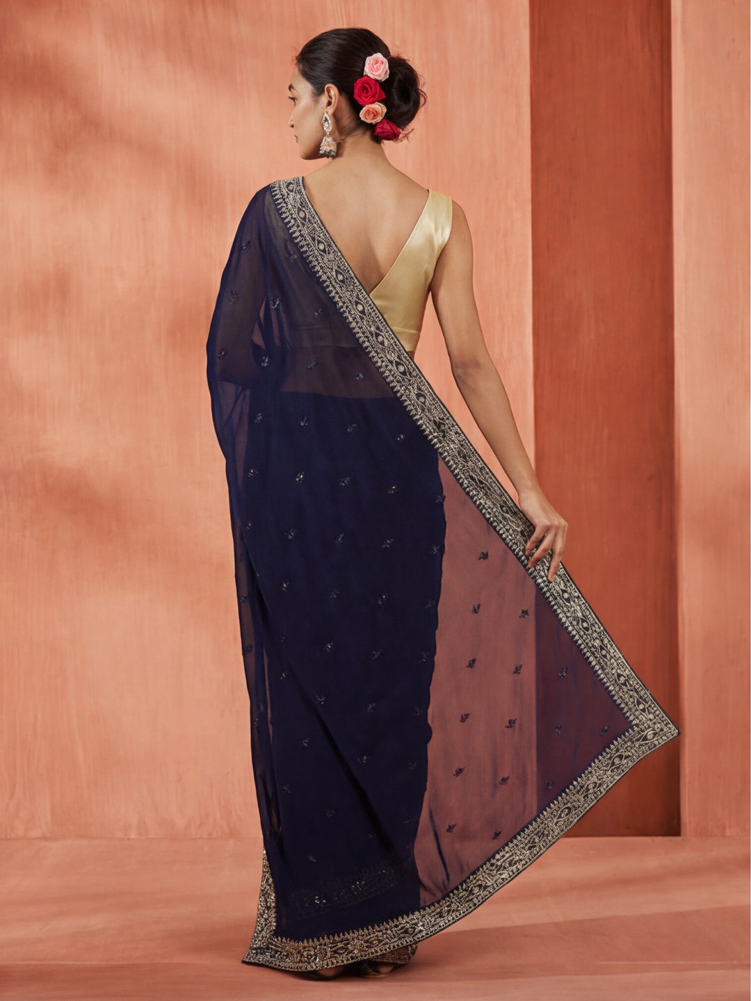 Party Wear Sequin Work Blue Georgette Saree
