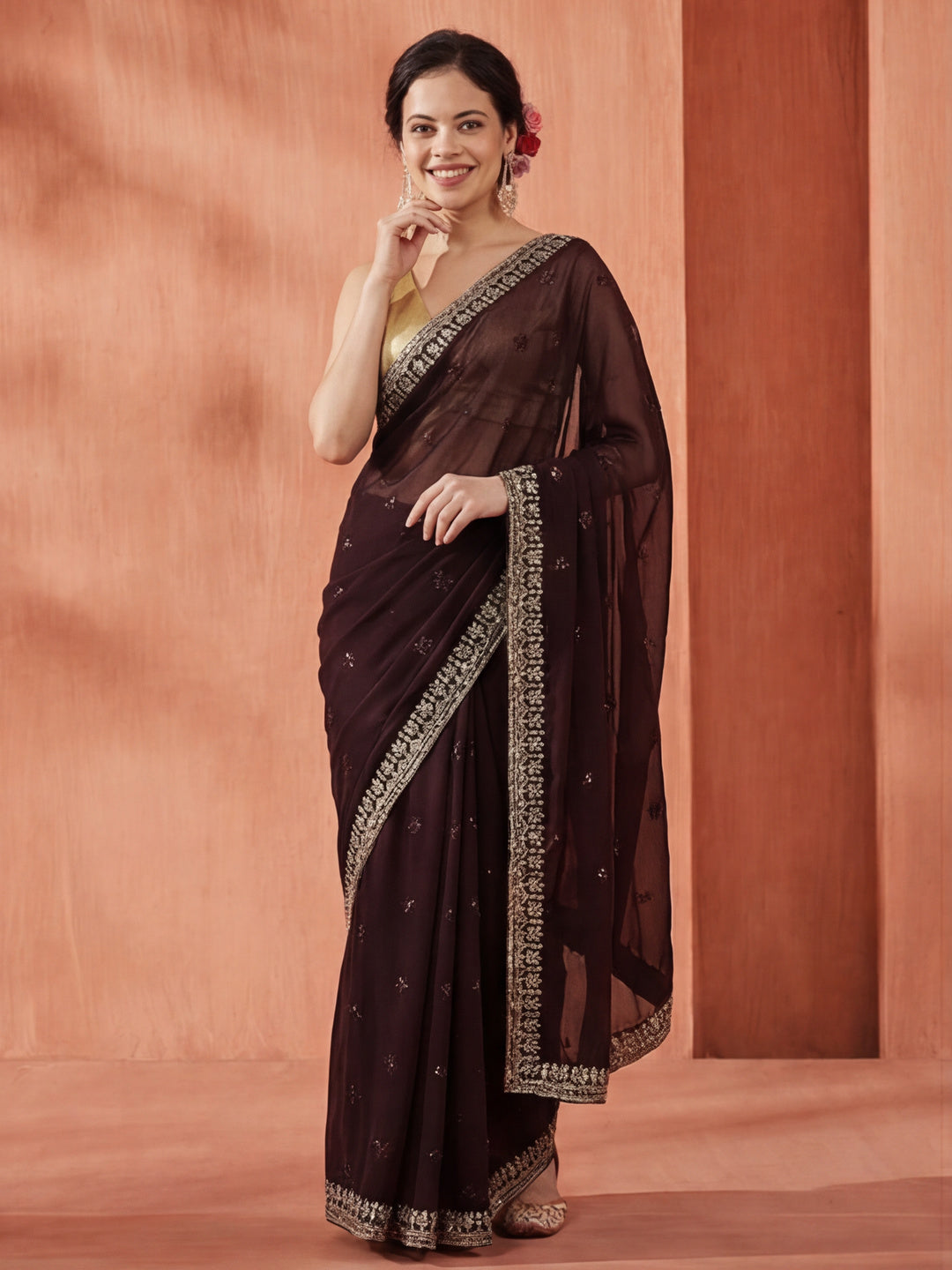 Party Wear Sequin Work Wine Georgette Saree