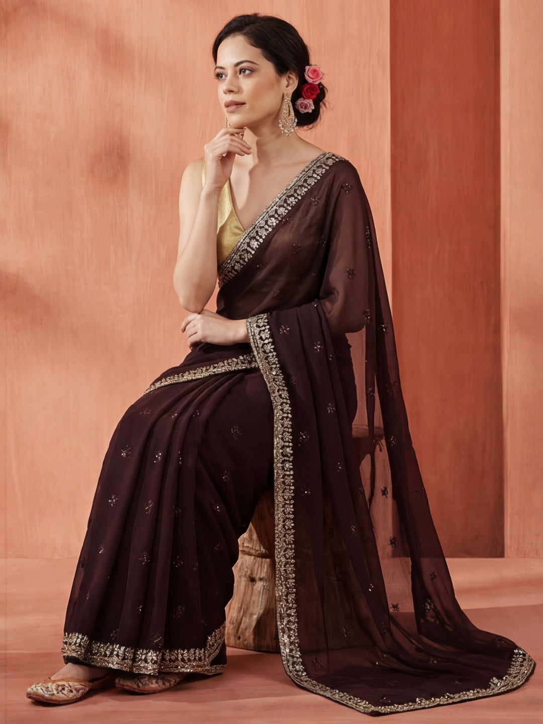 Party Wear Sequin Work Wine Georgette Saree