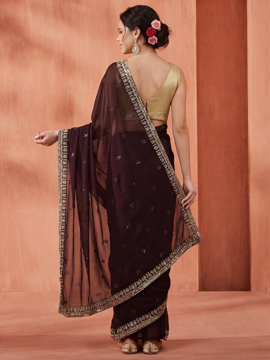 Party Wear Sequin Work Wine Georgette Saree