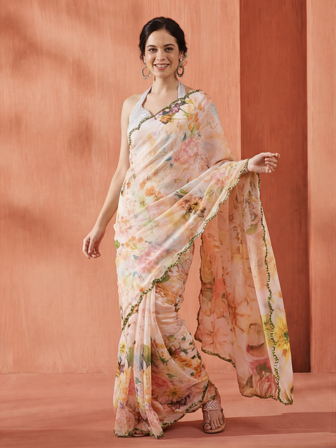 Floral Pure Georgette Mirror Work Saree