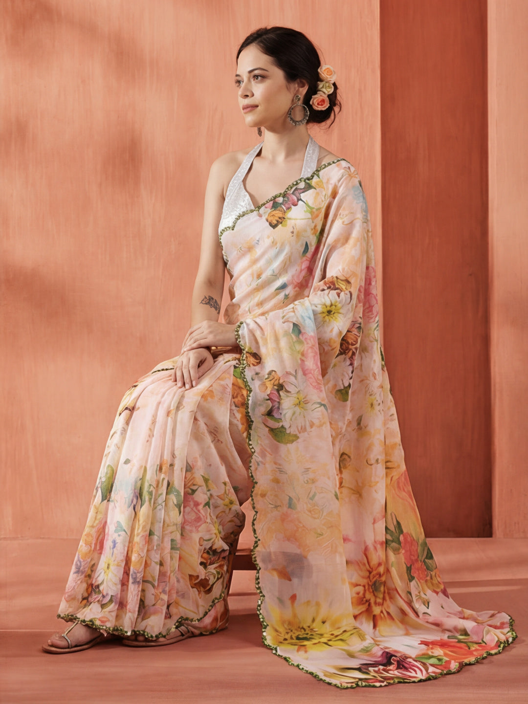 Floral Pure Georgette Mirror Work Saree