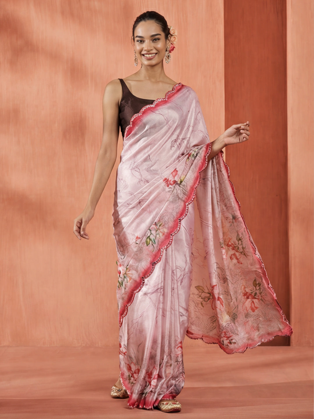 Mirror Work Satin Floral Saree