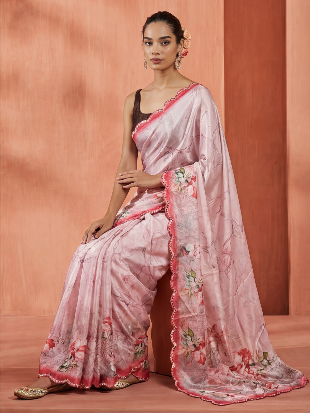 Mirror Work Satin Floral Saree