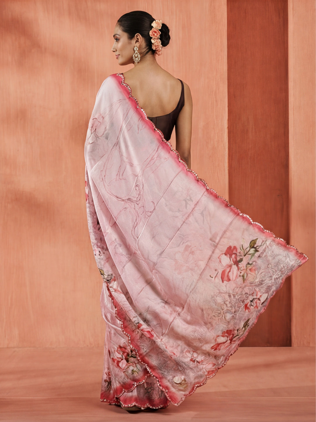 Mirror Work Satin Floral Saree