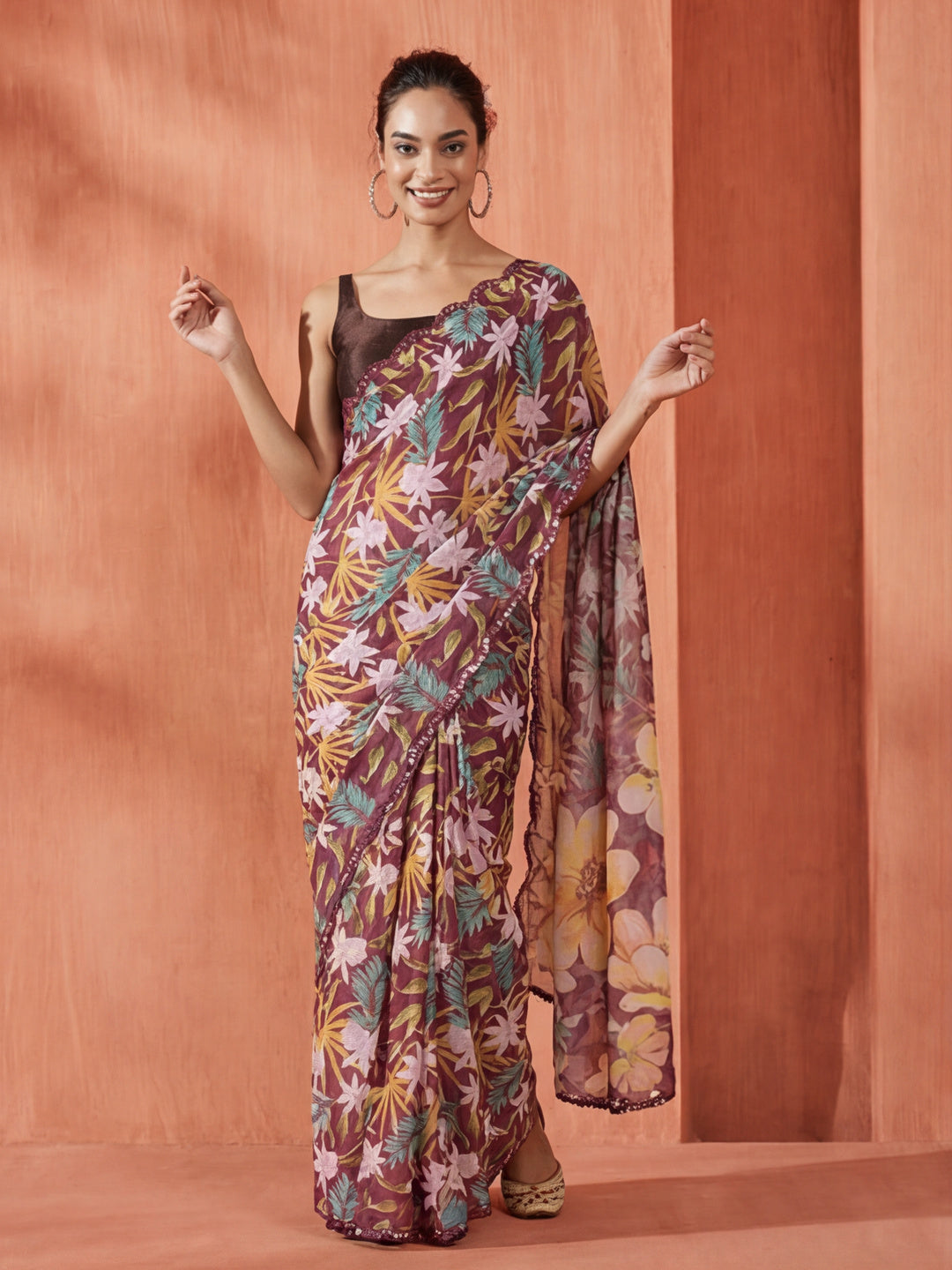 Mirror Work Satin Floral Saree