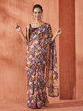 Mirror Work Satin Floral Saree