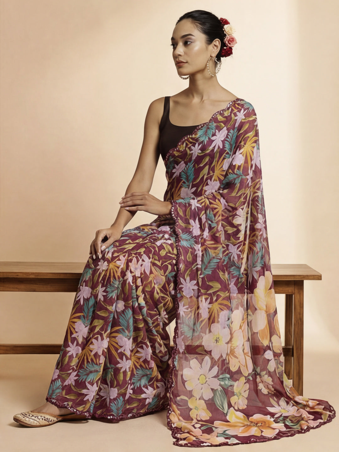 Mirror Work Satin Floral Saree