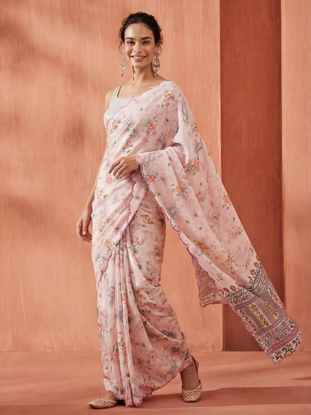 Mirror Work Satin Floral Saree
