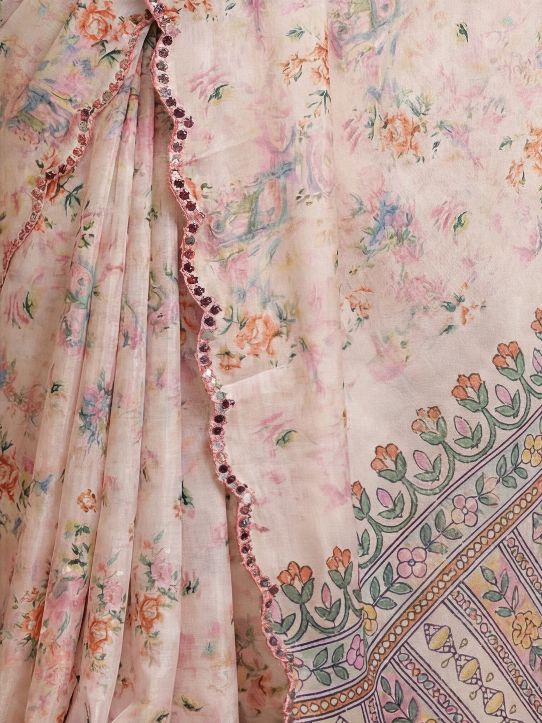 Mirror Work Satin Floral Saree