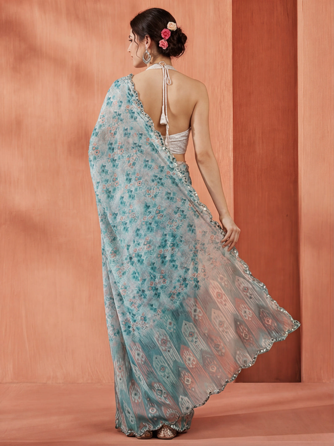 Tie-Dye Mirror Work Satin Saree