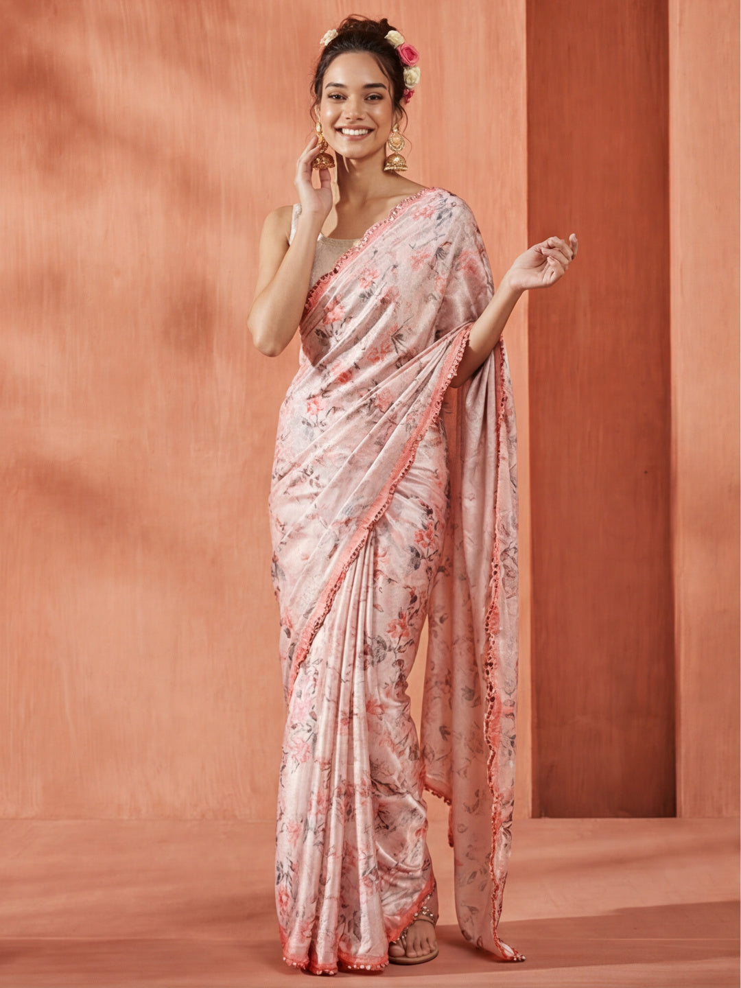 Mirror Work Satin Floral Printed Saree