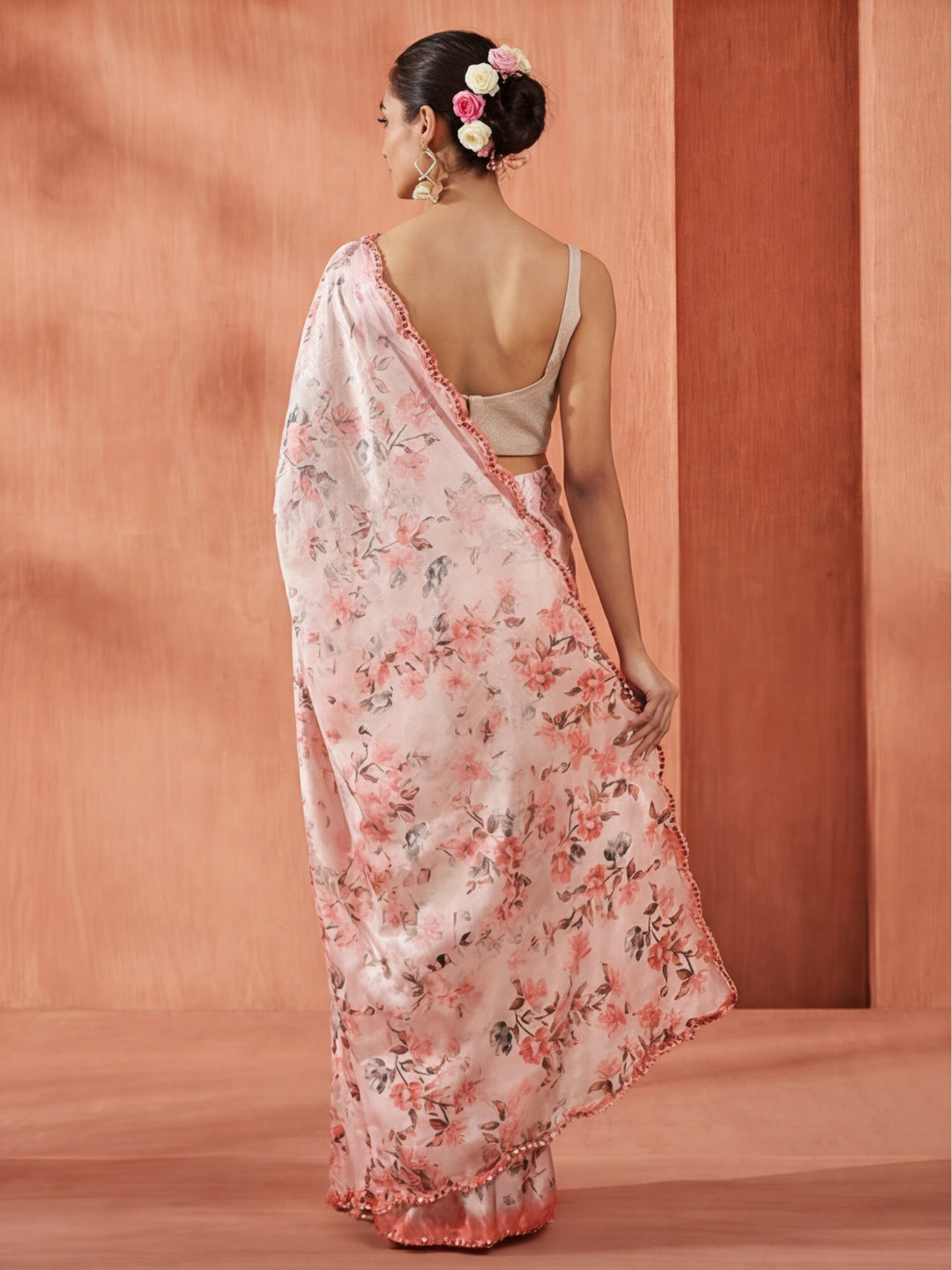 Mirror Work Satin Floral Printed Saree