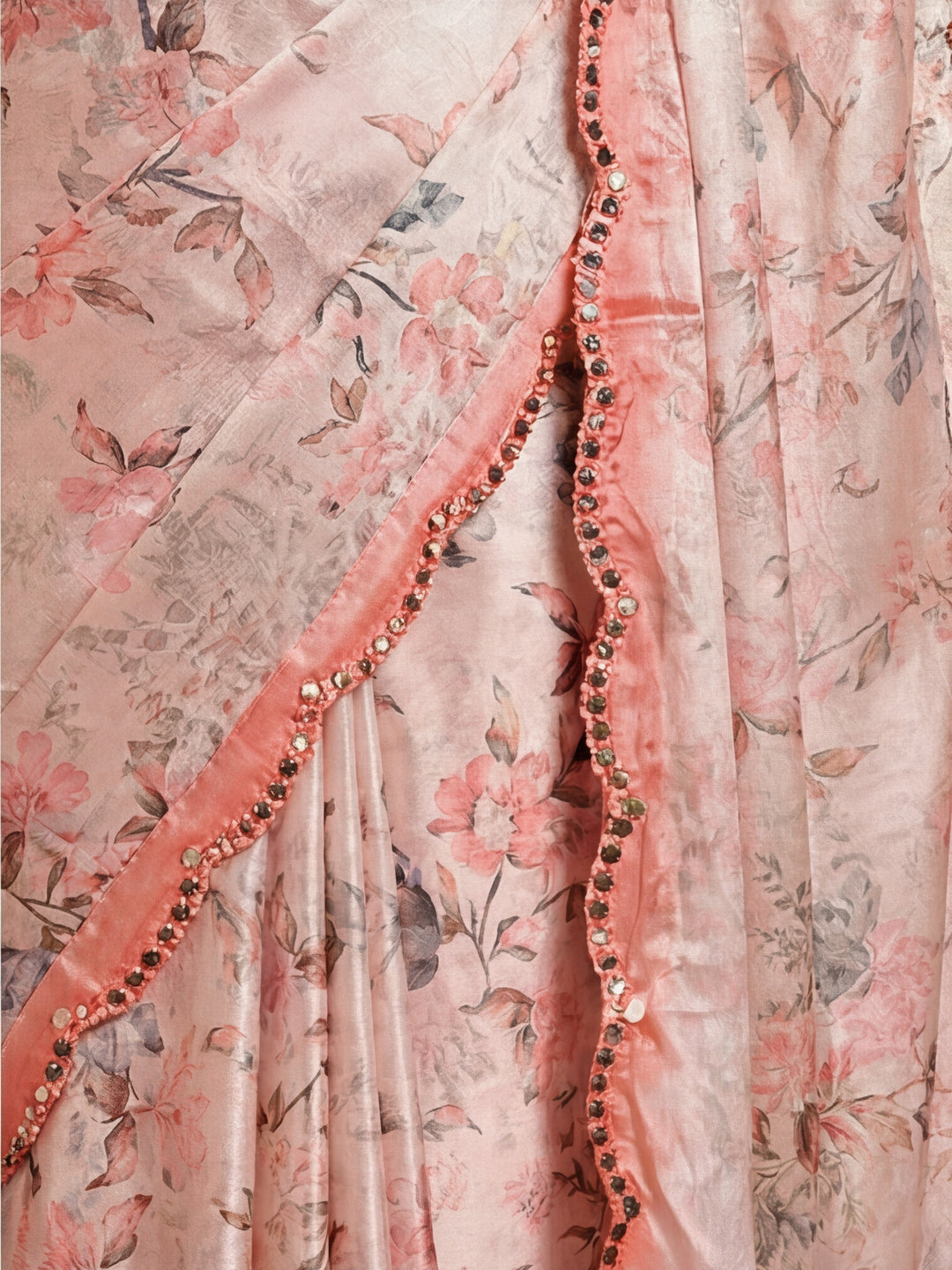 Mirror Work Satin Floral Printed Saree