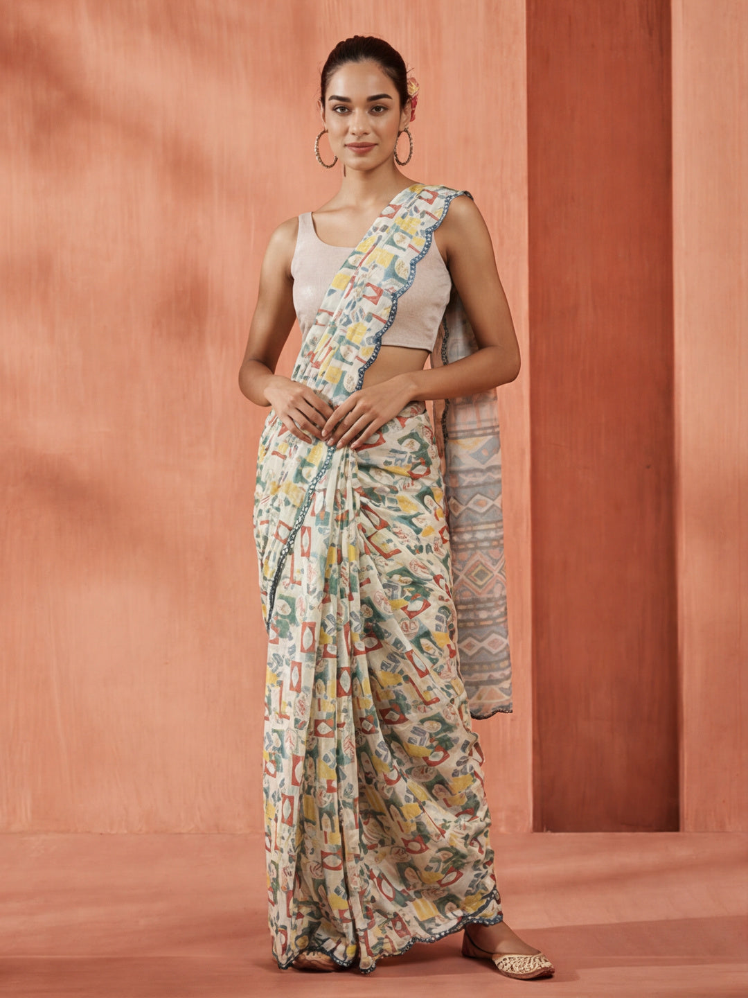 Tie-Dye Printed Mirror Work Satin Saree