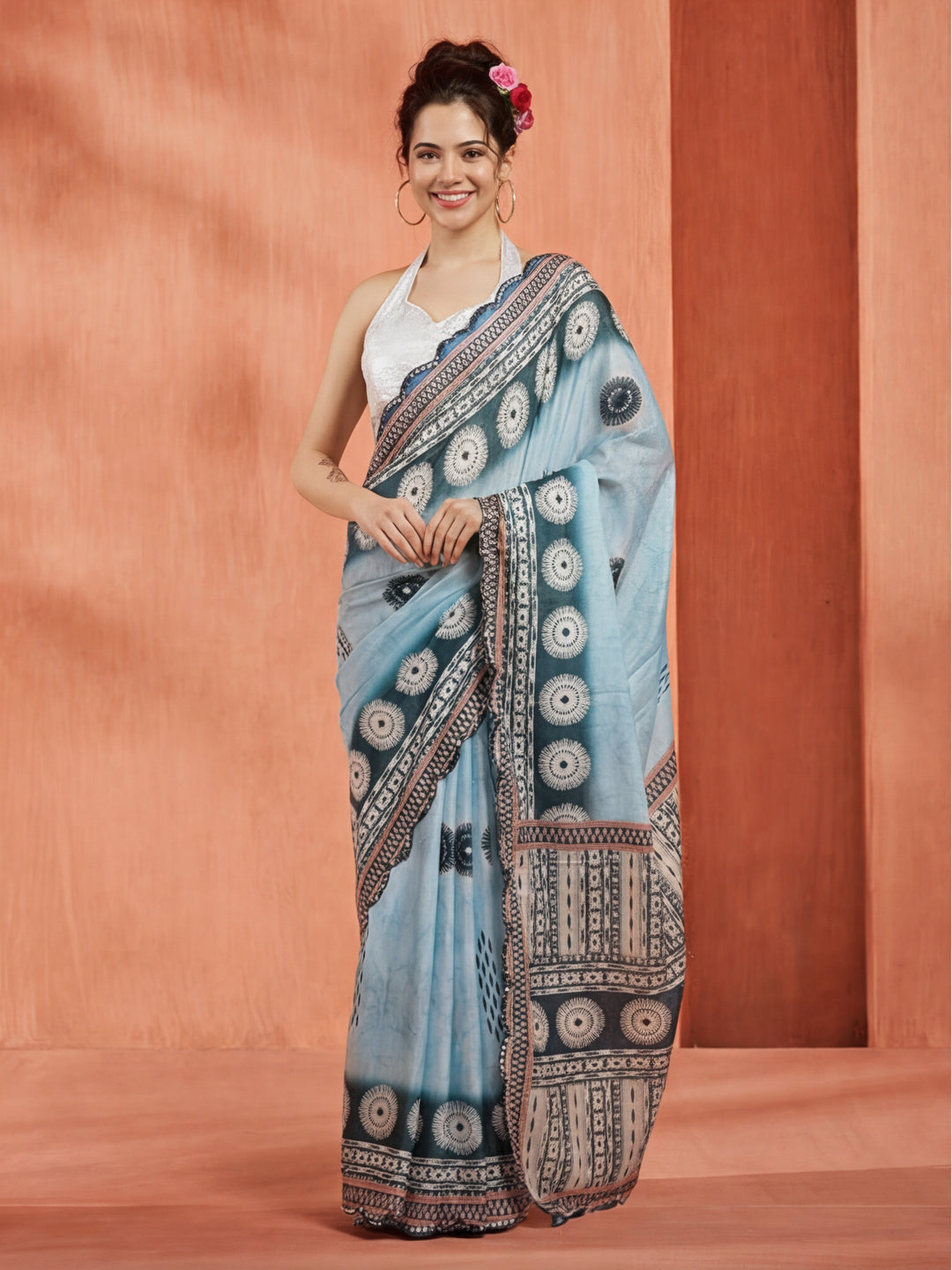 Tie-Dye Printed Mirror Work Satin Saree