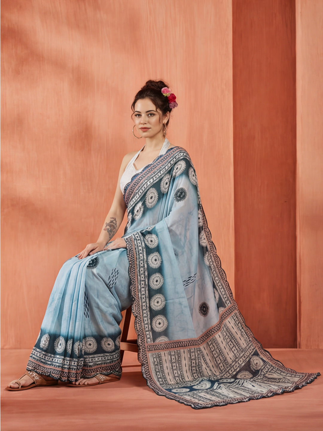 Tie-Dye Printed Mirror Work Satin Saree