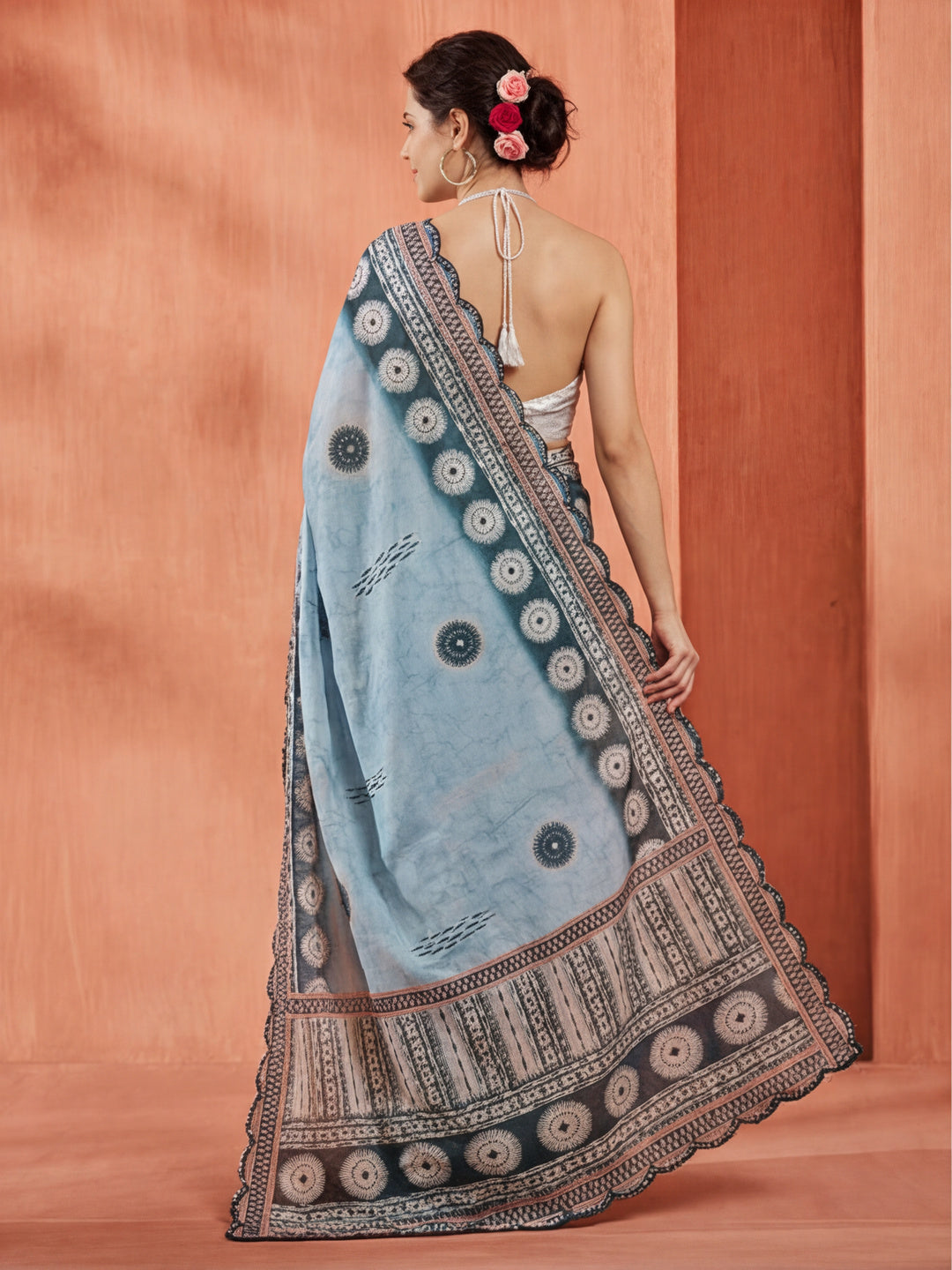 Tie-Dye Printed Mirror Work Satin Saree