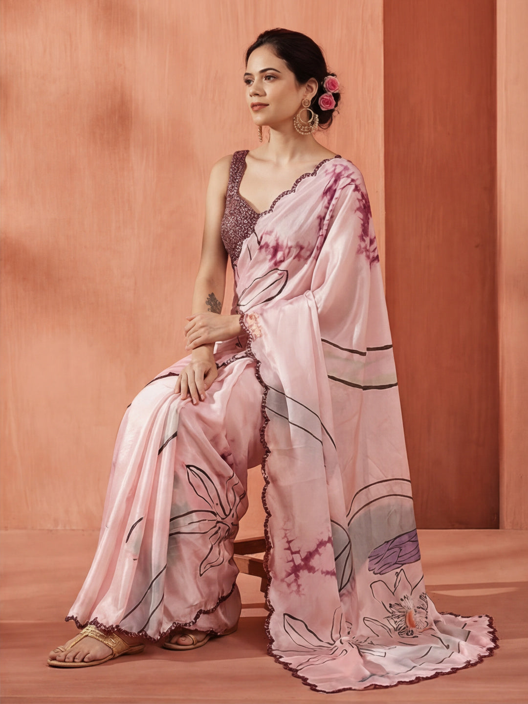 Tie-Dye Printed Mirror Work Satin Saree