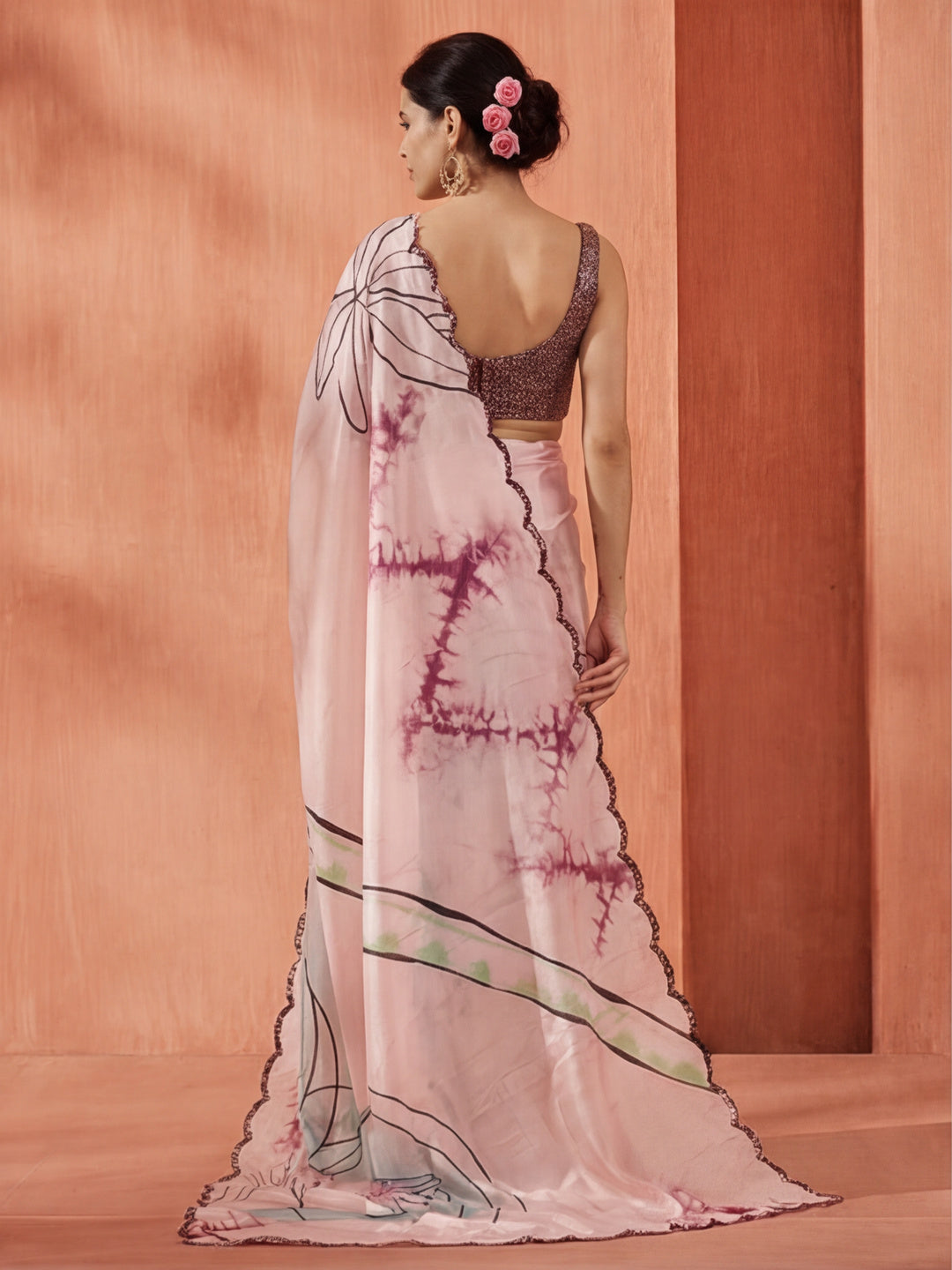 Tie-Dye Printed Mirror Work Satin Saree