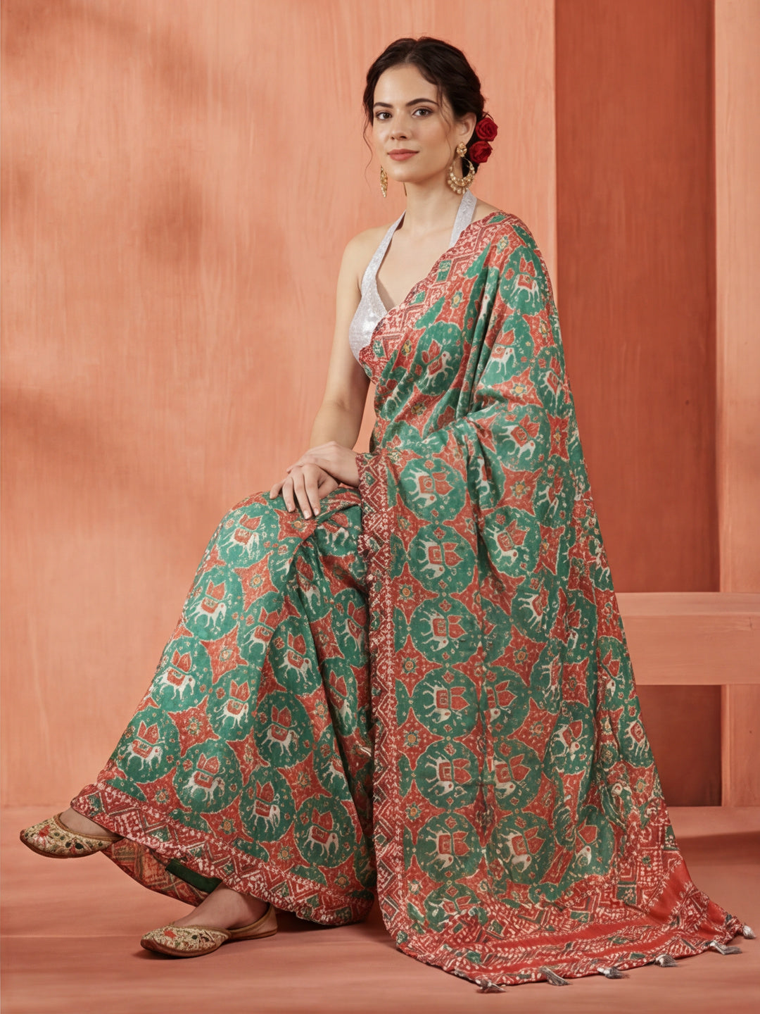 Tie-Dye Printed Mirror Work Satin Saree