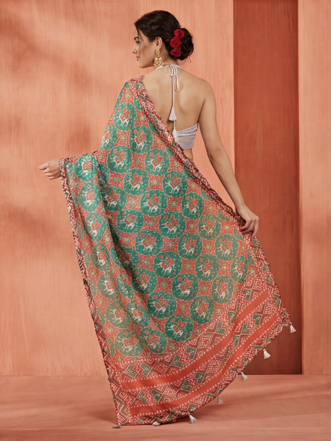 Tie-Dye Printed Mirror Work Satin Saree