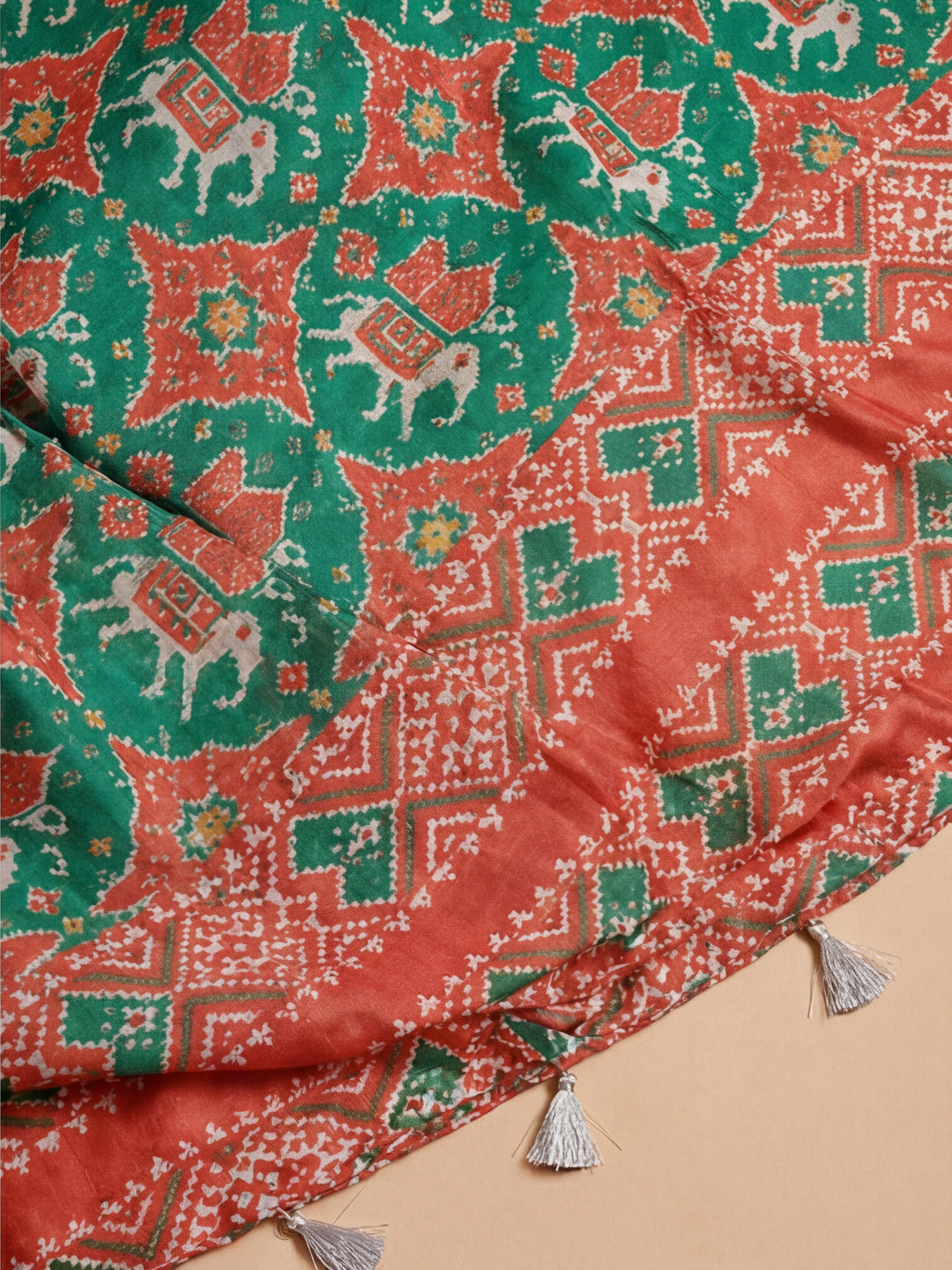 Tie-Dye Printed Mirror Work Satin Saree