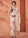 Floral Printed Mirror Work Satin Saree