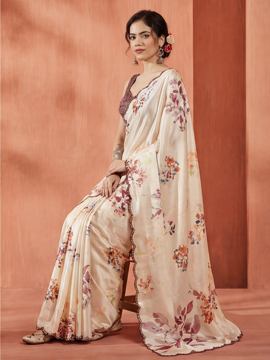 Floral Printed Mirror Work Satin Saree
