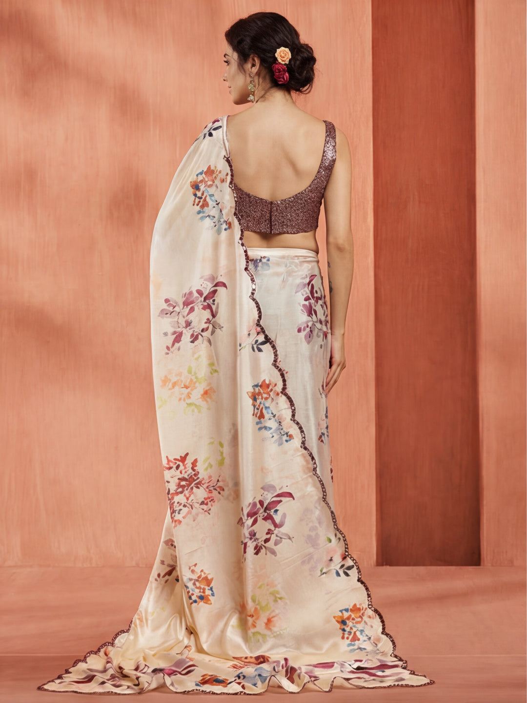 Floral Printed Mirror Work Satin Saree