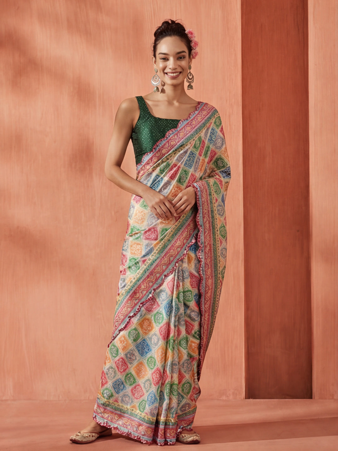 Multicolor Floral Printed Mirror Work Satin Saree
