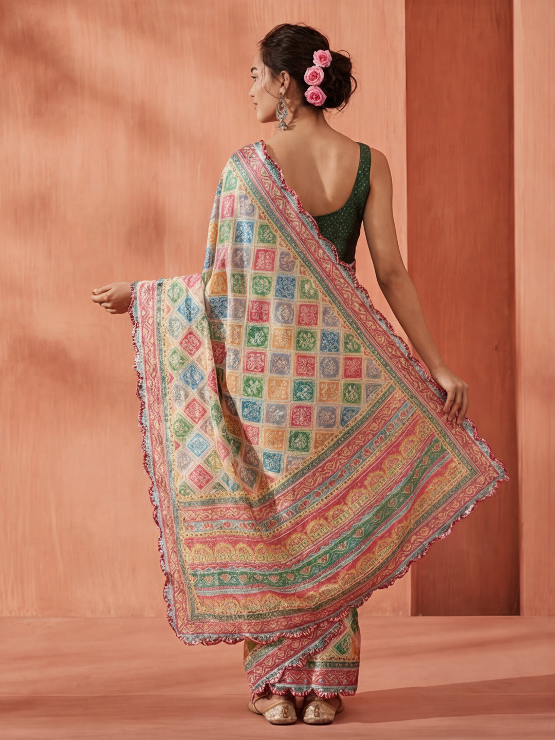 Multicolor Floral Printed Mirror Work Satin Saree