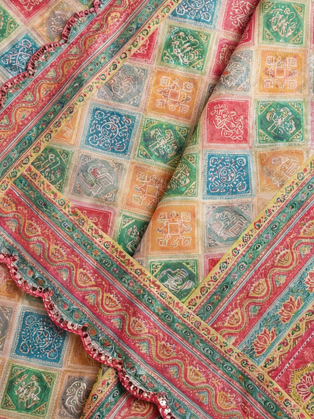 Multicolor Floral Printed Mirror Work Satin Saree