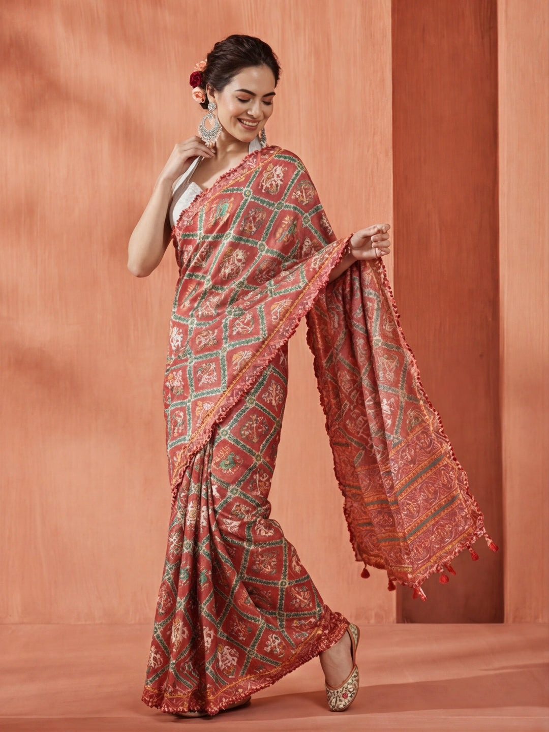 Multicolor Tribal Printed Mirror Work Satin Saree