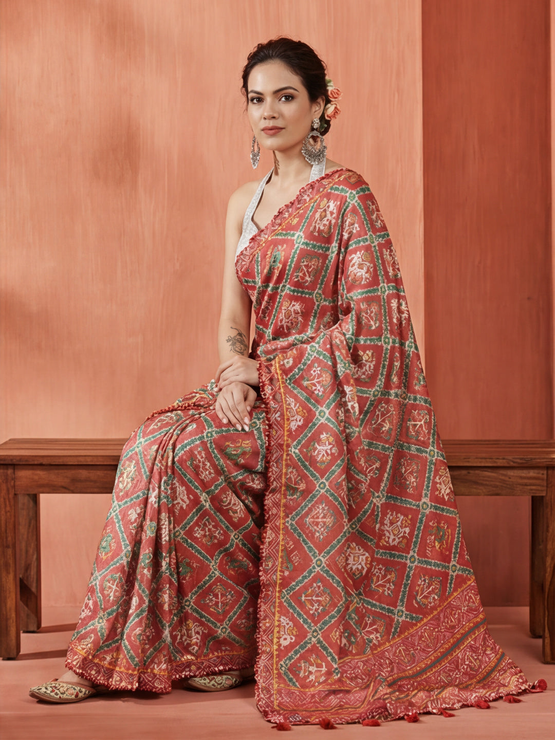 Multicolor Tribal Printed Mirror Work Satin Saree
