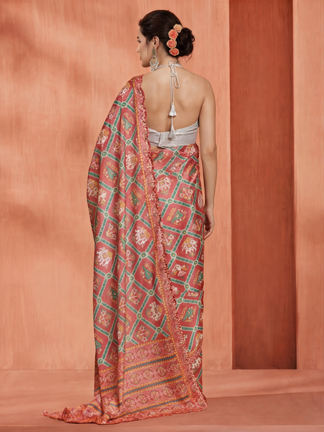 Multicolor Tribal Printed Mirror Work Satin Saree