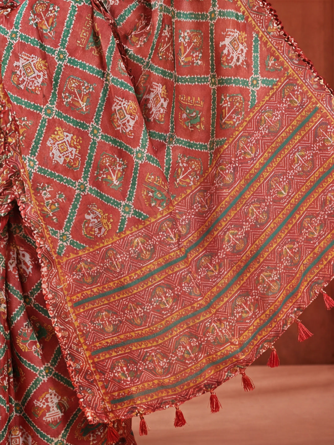 Multicolor Tribal Printed Mirror Work Satin Saree