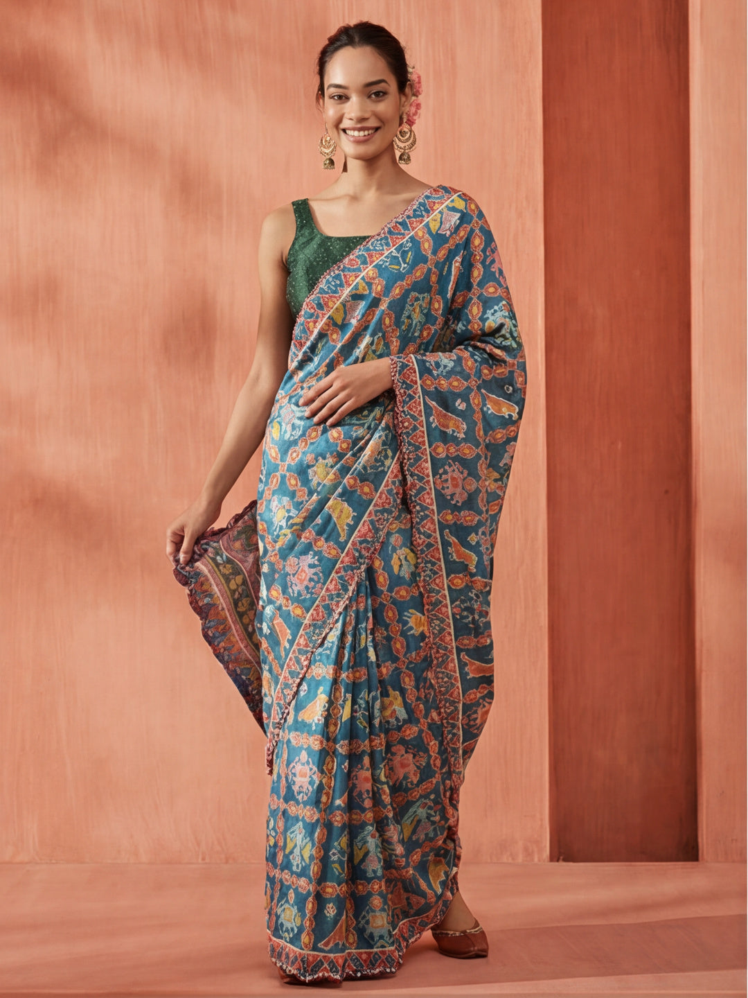 Multicolor Printed Mirror Work Satin Saree