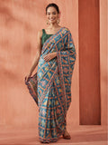 Multicolor Printed Mirror Work Satin Saree