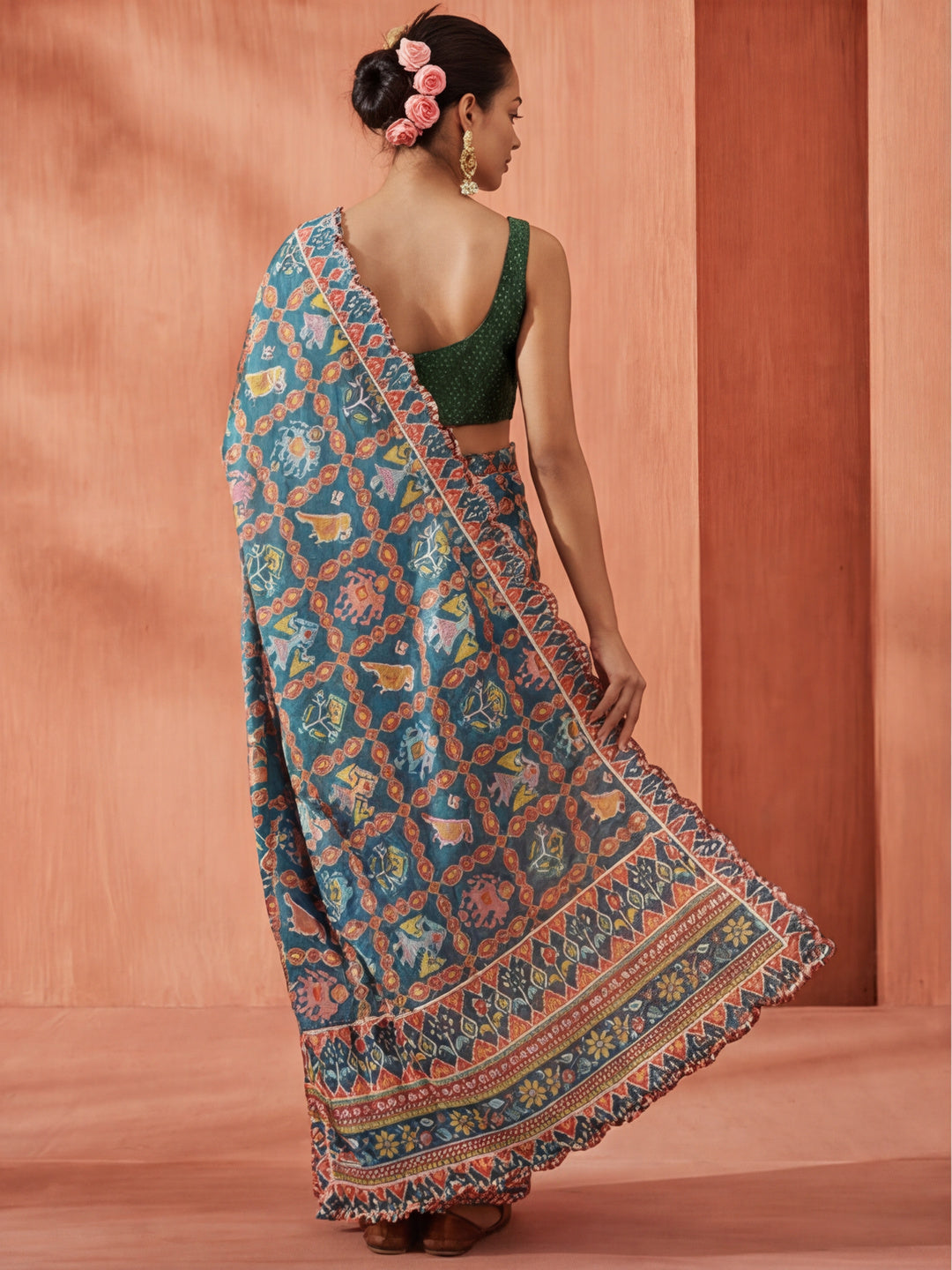 Multicolor Printed Mirror Work Satin Saree